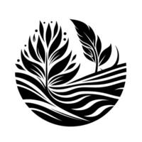 Black and white artistic depiction of flora within a circle, featuring stylized leaves and featherlike elements, evoking a sense of serenity and minimalism. vector