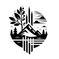 Geometric Black and White Nature Icon Mountains, Trees, and Clouds within a Circular, Artistic Design, Evoking Minimalism. vector