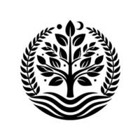 Symbolic Black and White Tree of Life within Circular Laurel Wreath, Representing Growth, Harmony, and Nature. vector