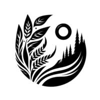 A circular, stylized illustration depicting a landscape with foliage, trees, and a sunlike form in black and white. vector