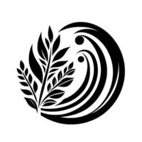 Abstract black and white botanical design, featuring stylized leaves intertwined with flowing wavelike forms creating a balanced, organic, and symmetrical composition. vector