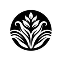 Stylized monochromatic logo Botanical with abstract leaves and curved lines inside a black circle, creating a modern, elegant visual. vector