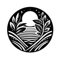 Intricate Black and White Circular Design Landscape Silhouette with Foliage, Crescent Moon, Stars, and Fields Under a Glowing Orb. vector
