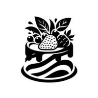 Elegant Black and White Illustration of a Layered Cake Adorned with Berries, Leaves, and a Dripping Glaze on a White Background. vector