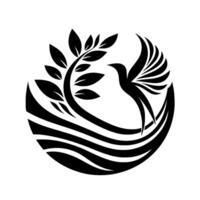 Elegant black and white illustration, bird within a circle, leaves, and curved lines create harmonious design, perfect for logos, symbols, or branding. vector
