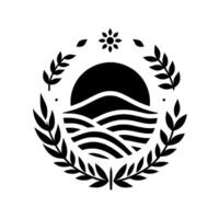 Stylized emblem featuring a black silhouette of a sunset over rolling hills and water, enclosed by a laurel wreath and floral elements, set on a white background. vector