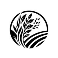 Monochromatic minimalist featuring a stylized wheat plant within a circular frame, with fields in the background. vector