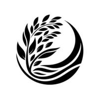 Elegant monochrome featuring a stylized plant silhouette within a circular crescent frame, showcasing natures harmony. vector