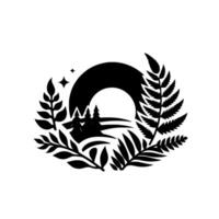 Black and White Silhouette Forest Scene within an Arch, surrounded by Ferns and Foliage, with a Starlit Sky. vector