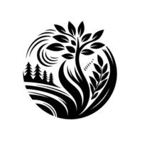 Circular Black and White Minimalist Illustration of a Tree with Foliage, Landscape Elements and Subtle Abstract Detail. vector