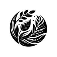 Circular black and white botanical illustration featuring stylized leaves, branches, and sparse dots within a minimalist design, creating a harmonious, natural aesthetic. vector