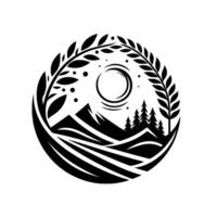 Minimalist Black and White Circular Emblem Mountains, Trees, Crescent Moon, and Foliage Frame, with a stylized, clean design. vector