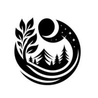 Circular Black White Illustration of a Tree, Forest, Moon, Stars, with Artistic Lines creating a harmonious natureinspired design. vector