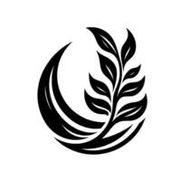 A stylized black botanical illustration featuring a leafy plant, encircled by curved, crescentshaped strokes, set against a pristine white backdrop. vector