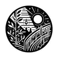 Circular Monochrome Landscape Geometric with Trees, Mountains, Sun, and Abstract Elements, in a stylized naturethemed composition. vector