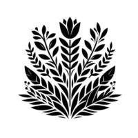Symmetrical, black and white floral illustration featuring a central stylized flower surrounded by various leaves and branches, creating a balanced botanical pattern. vector