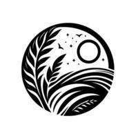 Stylized Black and White Circular Landscape with Wheat, Rolling Hills, Moon, Stars, and Birds in a Minimalist Design. vector