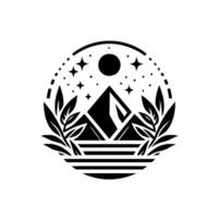 Celestial Mountain Crest A monochrome emblem featuring stylized peaks under a starlit night sky, flanked by leafy branches, enclosed in a circular border. vector