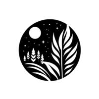 Serene Nightscape Silhouette Moonlit Forest and Botanical within a Black Circle. vector