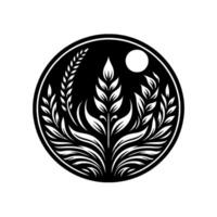 Monochrome Botanical Emblem Wheat, Leaves, and Moon Within a Circle, Illustrating Growth, Nature, and Harmony. vector