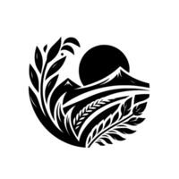 Monochromatic circular featuring mountains, sun, crops, and foliage, representing nature, agriculture, and the landscape, with a minimalist approach. vector