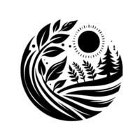 Abstract black and white circular illustration depicting a stylized landscape with trees, sun, and foliage, symbolizing natures harmony. vector