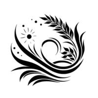 Artistic Floral Black and White Design, Abstract Composition with Leaves, Sun, Dots, and Swirls, Ornamental Decorative Element vector