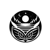 Stylized Black and White Circular Composition Nature Scene with Moon, Mountains, Stars, Lake Leafy Elements. vector