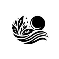Elegant monochrome nature featuring stylized leaves, water, dots, and a crescent moon with a full circle, creating a balanced and harmonious composition. vector