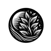 Stylized black and white circular emblem featuring a lush tree, crescent moon, flowing lines, and starry background. vector