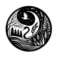 Serene black and white circular illustration, featuring a swan gliding on water amidst a forest and night sky with a dove in flight. vector