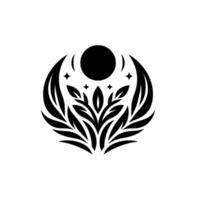 Symbolic black and white botanical with crescent moons, stars, a full moon, and stylized leaves arranged in a circular composition. vector