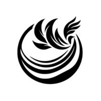 Stylized Black and White Bird Emerging from a Circle of Flowing Lines and Leaves, Symbolizing Freedom and Nature. vector