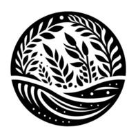 Stylized Black and White Illustration Botanical Within a Circle Featuring Leaves, Grass, and a Simple Landscape. vector