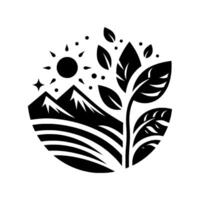 Black and white minimalist nature illustration featuring stylized mountains, sun, stars, leaves, and abstract field lines, enclosed in a circle. vector