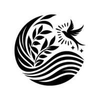 Circular Black and White Illustration A stylized bird in flight, leaves, waves, and stars, symbolizing natures harmony. vector