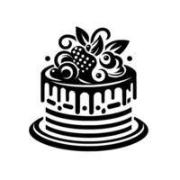 Minimalist Black and White Cake Illustration Round cake with dripping icing, adorned with fruit and leaves, placed on a serving plate. vector