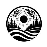 A minimalist circular black and white illustration featuring a stylized sun, trees, foliage and stars, creating a harmonious landscape design. vector