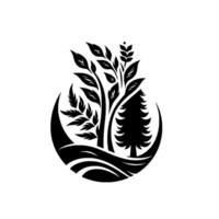 A monochrome emblem of nature, presenting stylized trees and foliage within a crescentshaped landscape, embodying a harmonious balance. vector