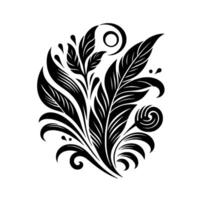 Elegant Black and White Floral Design A symmetrical arrangement of stylized leaves, swirls, and flourishes, creating a balanced ornamental pattern. vector
