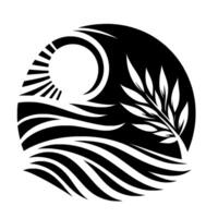 A serene, stylized black and white circular depicts a sun with waves and olive branch representing peace, nature, and harmony. vector