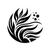 Stylized Black and White Botanical Featuring Leaves, Swirls and Dots, Composed in a Symmetrical Circular Arrangement on a White Backdrop. vector