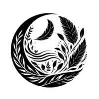 Elegant Black and White Circular Design Feathers and Foliage with a Zenlike Atmosphere. vector