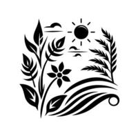 Abstract black and white floral with sun, clouds, and stylized plants, creating a harmonious visual. vector