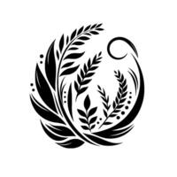 Stylized black and white illustration of an oval floral arrangement featuring leaves, sprigs, and decorative embellishments, evoking a sense of elegance and minimalist design. vector