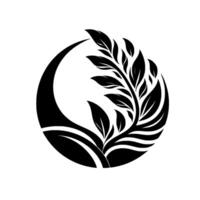 Black and White Botanical Crest Stylized Plant Silhouette Within a Circle, Featuring Leaves, Curving Lines, and Nature Symbolism. vector
