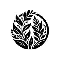A stylized, black and white botanical featuring various leaf and stem arrangements enclosed within a circular frame. vector