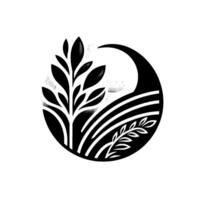 Elegant black white circular botanical illustration featuring stylized foliage, fields, and celestial elements. vector