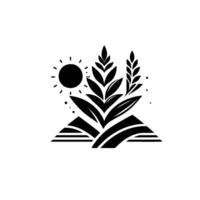 Black and White Minimalist Depicting Wheat and Leaves with a Sun and Geometric Mountain Element. vector