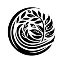 A stylized black and white illustration of a tree within a circular, wavelike frame, symbolizing growth and balance. vector